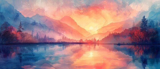 A horizontal panorama of a serene, untouched landscape at dawn, embodying grace and the precious beauty of nature, rendered in a vibrant watercolor style 8K , high-resolution, ultra HD,up32K HD