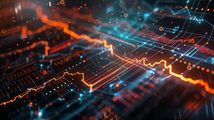 Futuristic financial analytics with holographic data, glowing line graphs, and a dark tech background, digital art, high resolution