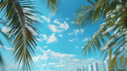 Fototapeta premium Miami Beach scene with palm trees framing the azure sky, selective focus on the contrast of nature and city, theme of urban escape, realistic, Composite, beachside backdrop
