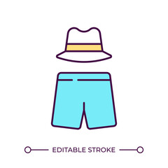 Swim shorts and fedora hat RGB color icon. Vacation clothing. Men's fashion. Stylish beachwear. Summer outfit. Isolated vector illustration. Simple filled line drawing. Editable stroke