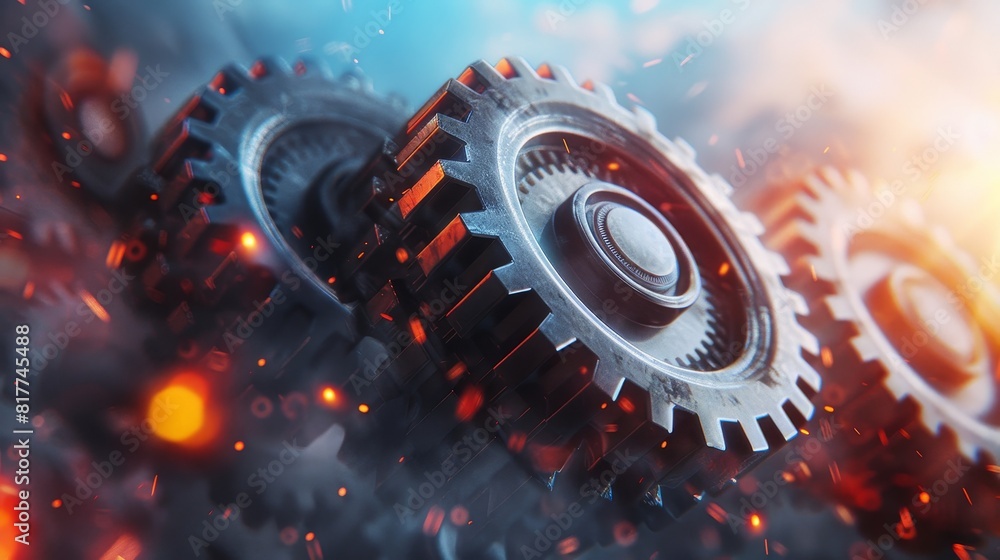 Poster dynamic close up of gears in motion with sparkling fire, blurred background, copy space