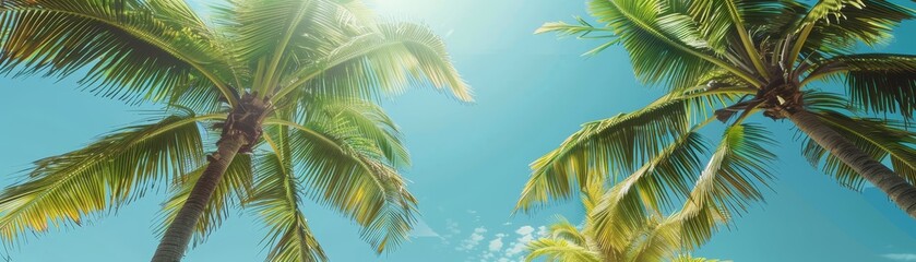 Fototapeta premium Palm trees swaying under the clear blue skies of Miami Beach, close up on lush greenery, theme of tropical paradise, realistic, Double exposure, oceanfront backdrop