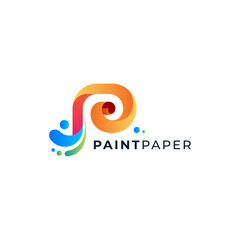 shiny and colorful letter P with paper and splashes color paint for digital painting application, software or education logo