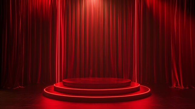 Red-lit stage with a podium for a movie award show, selective focus on theatrical ambiance, realistic, Blend mode, cinema curtain backdrop