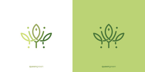 Queen Green Logo Design. Abstract Crown and Leaf with Line art Outline Style. Royal Beauty Luxury Logo, Icon, Symbol, Vector, Design Template.
