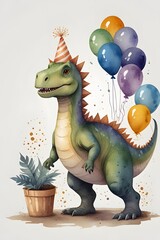Naklejka premium Dinosaur birthday party setting in watercolor style