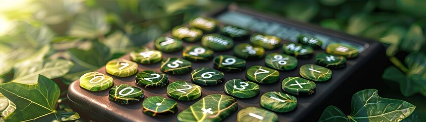 A graphic illustration of a calculator with buttons made from leaves, emphasizing eco conscious calculations