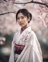 Portrait of Asian woman with traditional clothes, isolated white and sakura leafy background