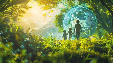 A digital painting of a family investing in a green future, visualized through a hologram of a thriving planet