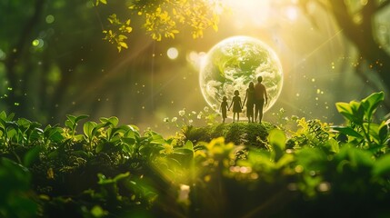 A digital painting of a family investing in a green future, visualized through a hologram of a thriving planet