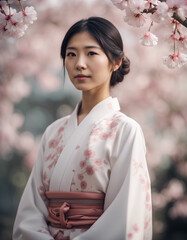 Portrait of Asian woman with traditional clothes, isolated white and sakura leafy background