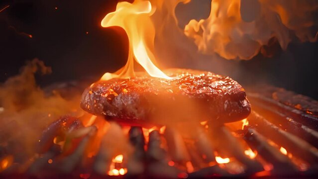 Sizzling steak on fiery grill with intense flames