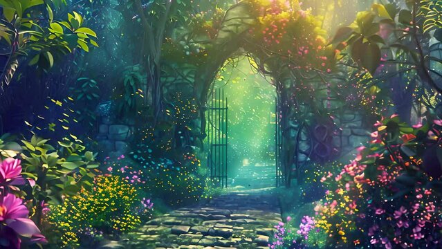 Enchanted forest pathway with vibrant flowers and mystical arch