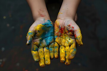 Someone holding hands painted yellow blue paint