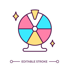 Obraz premium Prize wheel RGB color icon. Game of chance. Lottery type. Lucky wheel. Fairground attraction. Festival game. Isolated vector illustration. Simple filled line drawing. Editable stroke