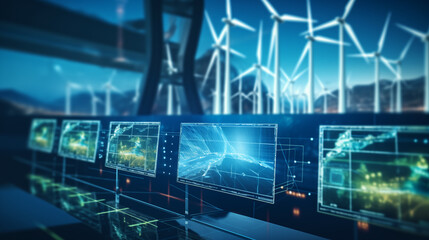 Advanced AI monitoring renewable energy grids, visualized in a sleek, high-tech style, copy space for text right or left or center choose one position, photo shot