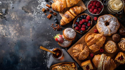 assorted pastries and berries. A delicious assortment of pastries and berries arranged on a rustic table..