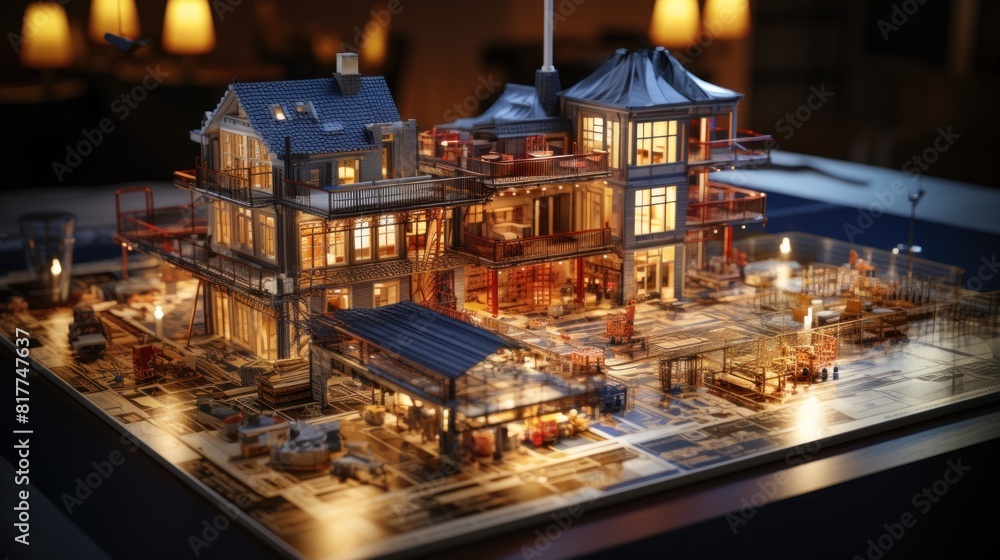 Poster intricate model of construction project with illuminated building design