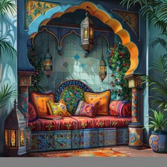 Vibrant MoroccanInspired Bedroom Sanctuary Intricate Tiles Lanterns and Plush Daybed