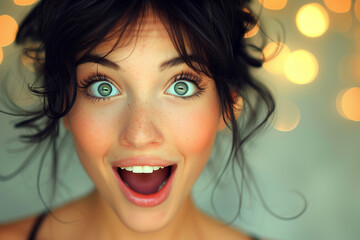 Vivid Surprise on Young Woman's Face with Wide Eyes and Radiant Smile. Non-existent person.