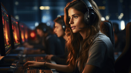 Focused Young Female Air Traffic Controller with Headset in Modern Control Room