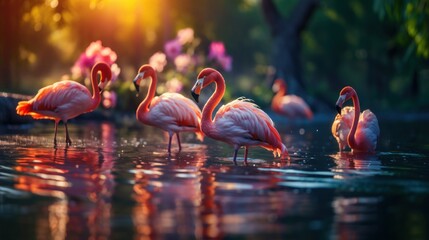 Vibrant American Flamingos Wading in Tranquil Water During Golden Hour