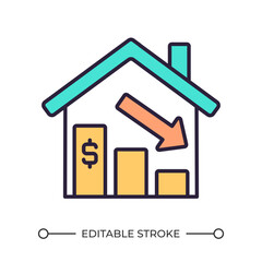 Decrease in home prices RGB color icon. Economic crisis and downturn. Real estate market crisis. Mortgage rates. Isolated vector illustration. Simple filled line drawing. Editable stroke