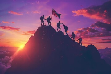 Silhouettes of a team helping each other climb a mountain at sunset, one holding a flag at the peak, symbolizing teamwork and achievement, high contrast, inspirational scene