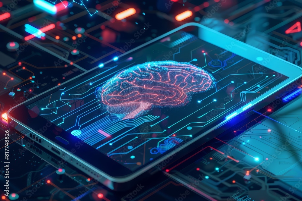 Poster tablet displaying a luminous ai hologram with digital circuitry, representing artificial intelligenc