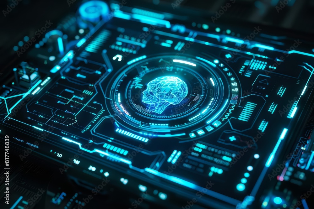 Poster tablet displaying a luminous ai hologram with digital circuitry, representing artificial intelligenc