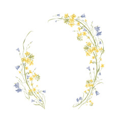 Vintage floral wreath. Delicate blooming rapeseed and blue bellflowers make a wonderful design for invitations