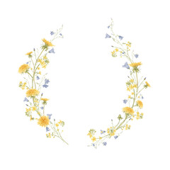 Watercolor floral wreath. Yellow and blue wild flowers.
Dandelions and bluebells painted in watercolor