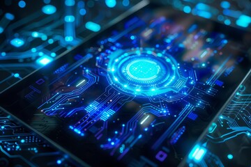 Fototapeta premium Tablet displaying a luminous AI hologram with digital circuitry, representing artificial intelligence innovation, vibrant blue and neon accents, modern and sleek