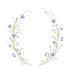 Watercolor floral wreath with blue cornflowers. Greeting template for you design