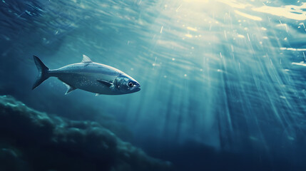 Fototapeta premium fish swimming underwater with sun rays. A fish swims gracefully underwater, illuminated by sun rays filtering through the water, creating a serene and captivating aquatic scene..