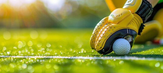 Goalkeeper s gloves blocking shot in field hockey at summer olympics, intense sports action concept