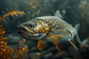 Fototapeta premium Pike fish lurking in murky waters, depicting freshwater predators. 