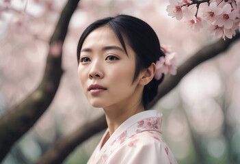 Portrait of Asian woman with traditional clothes, isolated white and sakura leafy background