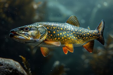 Pike fish lurking in murky waters, depicting freshwater predators. 