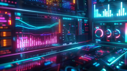 Obraz premium Virtual reality financial dashboard with 3D holographic charts, digital interface, and neon lighting, cyberpunk, digital rendering