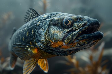 Obraz premium Pike fish lurking in murky waters, depicting freshwater predators. 