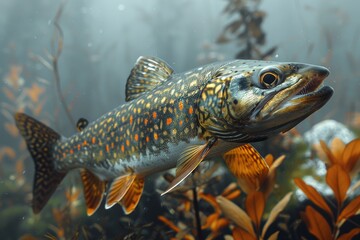 Fototapeta premium Pike fish lurking in murky waters, depicting freshwater predators. 