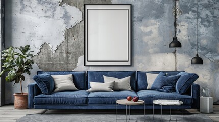 Frame mockup with a navy blue sofa against a concrete wall in a modern living room. Perfect for showcasing artwork or photos in stock photo platforms.