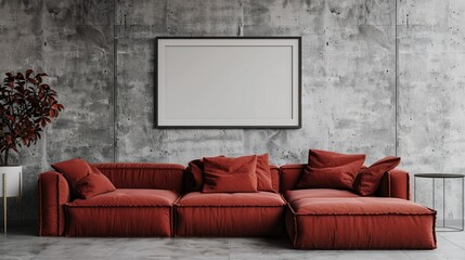 Frame mockup with a burnt orange sofa against a concrete wall in a modern living room. Perfect for showcasing artwork or photos in stock photo platforms.
