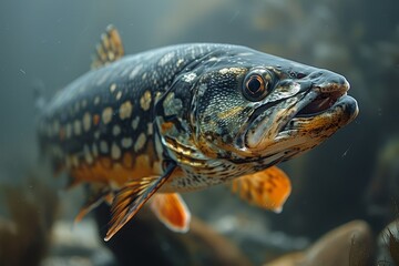 Pike fish lurking in murky waters, depicting freshwater predators. 