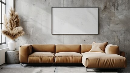 Frame mockup with a beige sofa against a concrete wall in a modern living room. Perfect for showcasing artwork or photos in stock photo platforms.