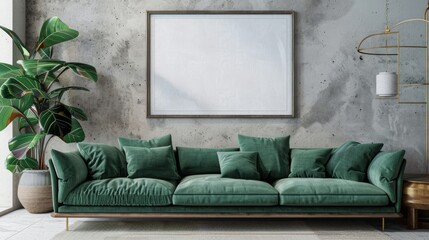 Frame mockup with a dark green sofa against a concrete wall in a modern living room. Perfect for showcasing artwork or photos in stock photo platforms.