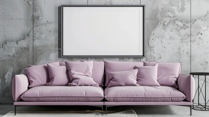 Frame mockup with a mauve sofa against a concrete wall in a modern living room. Perfect for showcasing artwork or photos in stock photo platforms.
