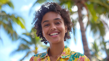 Attractive African American woman wearing Hawaiian shirt on tropical island