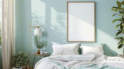 Frame mockup with a mint green sofa against a concrete wall in a modern living room. Perfect for showcasing artwork or photos in stock photo platforms.
